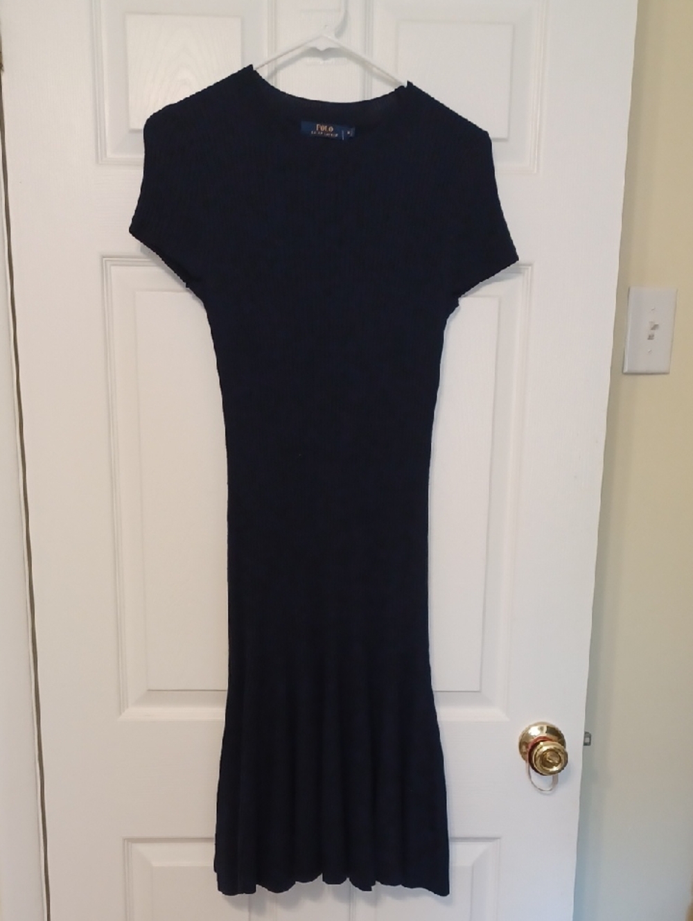 Ralph Lauren Sz M, Melino Wool, Navy Short-Sleeve Ribbed Midi Dress
